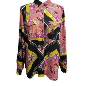 APT.9 Blouse Button Front Abstract Floral Pattern Rolltab Sleeves Medium